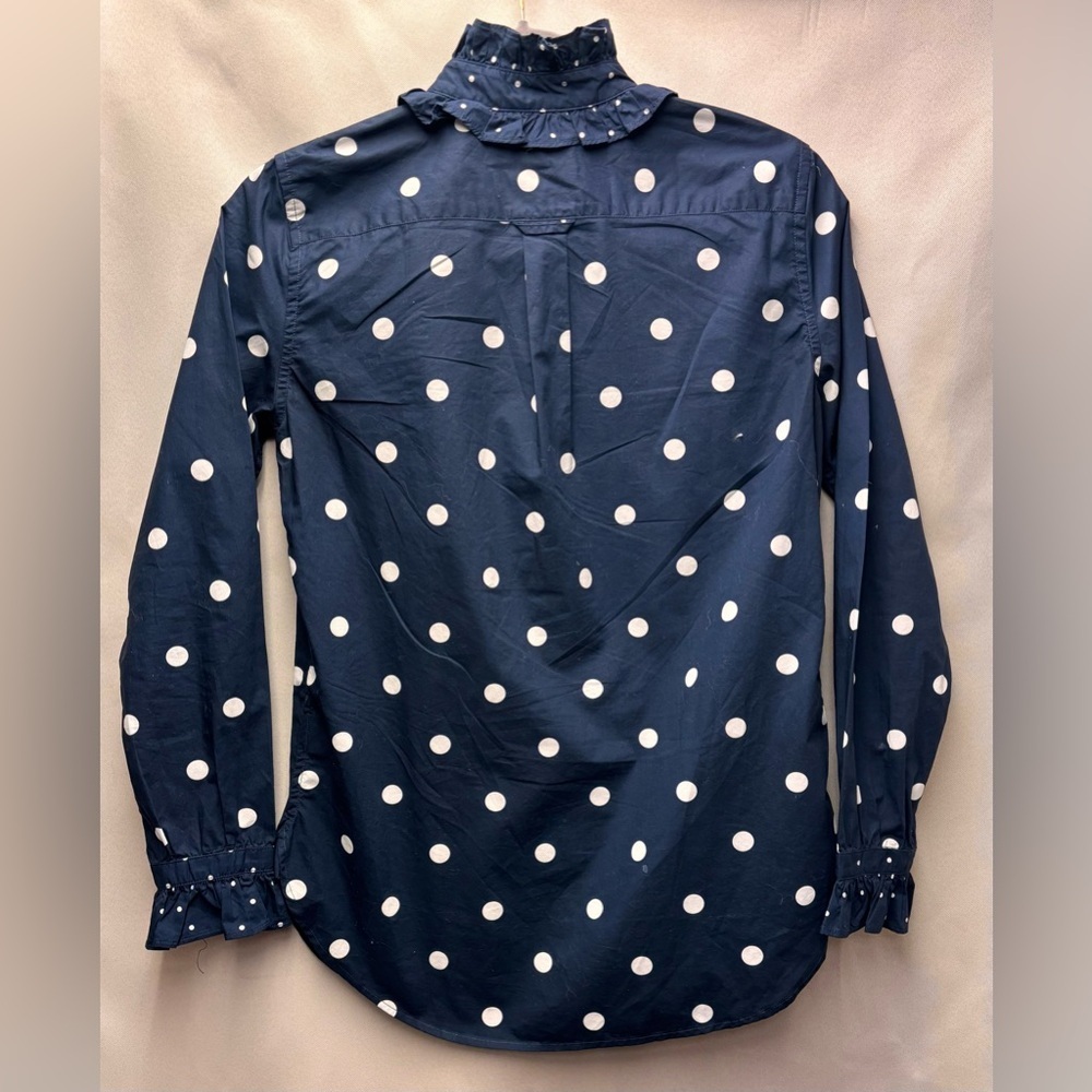 J. Crew Classic-Fit Ruffleneck Button Up Mixed Dots Blue White Polka Dot 00 - Picture 2 of 8